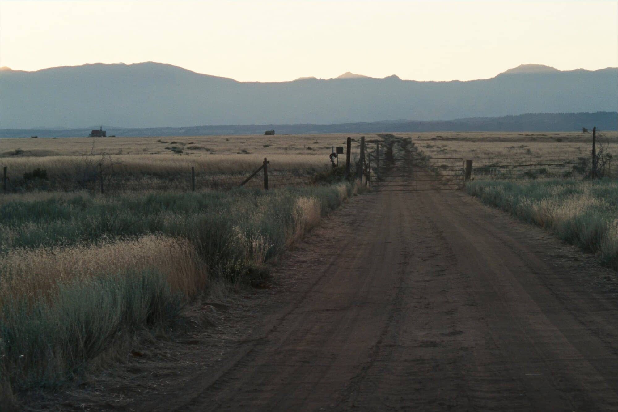 A dirt two-track ranch road running out toward distant blue mountains at dawn.